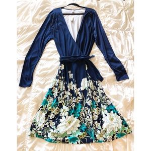 NWT Old Navy Belted Wrap Dress Long Sleeve Blue Floral Print Dress Size XL